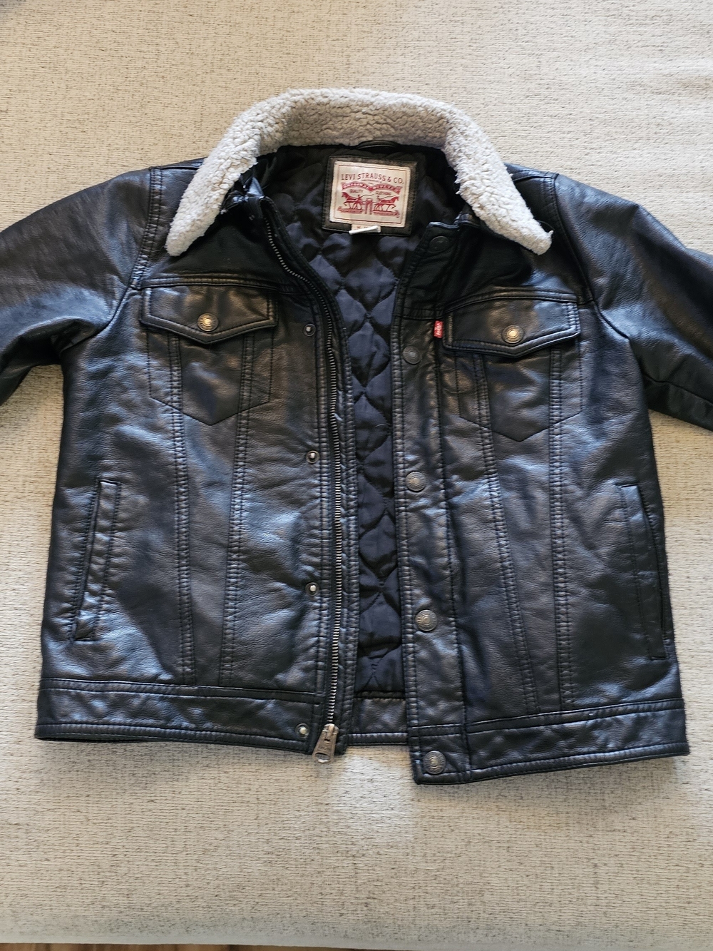 Levi's Black Faux Leather Jacket with Cream Sherpa Collar 10-12 (Medium)